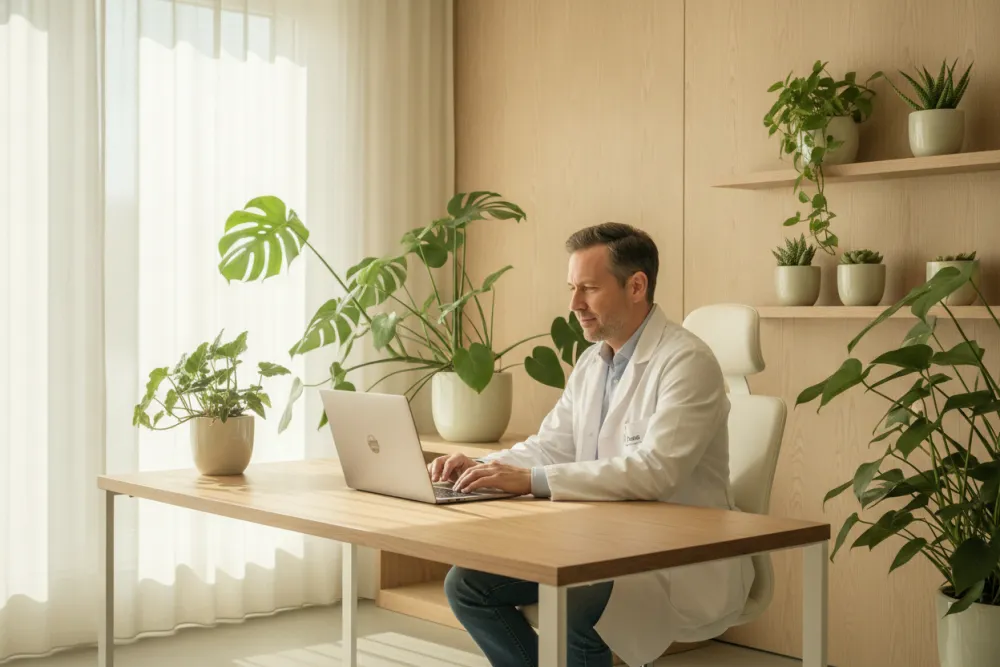 Arzt prüft Unterlagen am Laptop