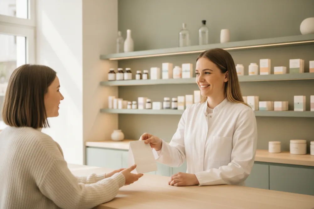 Apothekerin berät eine Kundin am Tresen